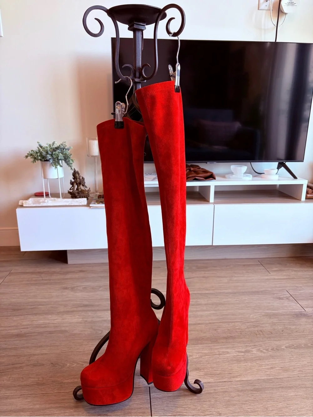 Red/ Dark Orange Suede Over-the-Knee Platform Boots - Women